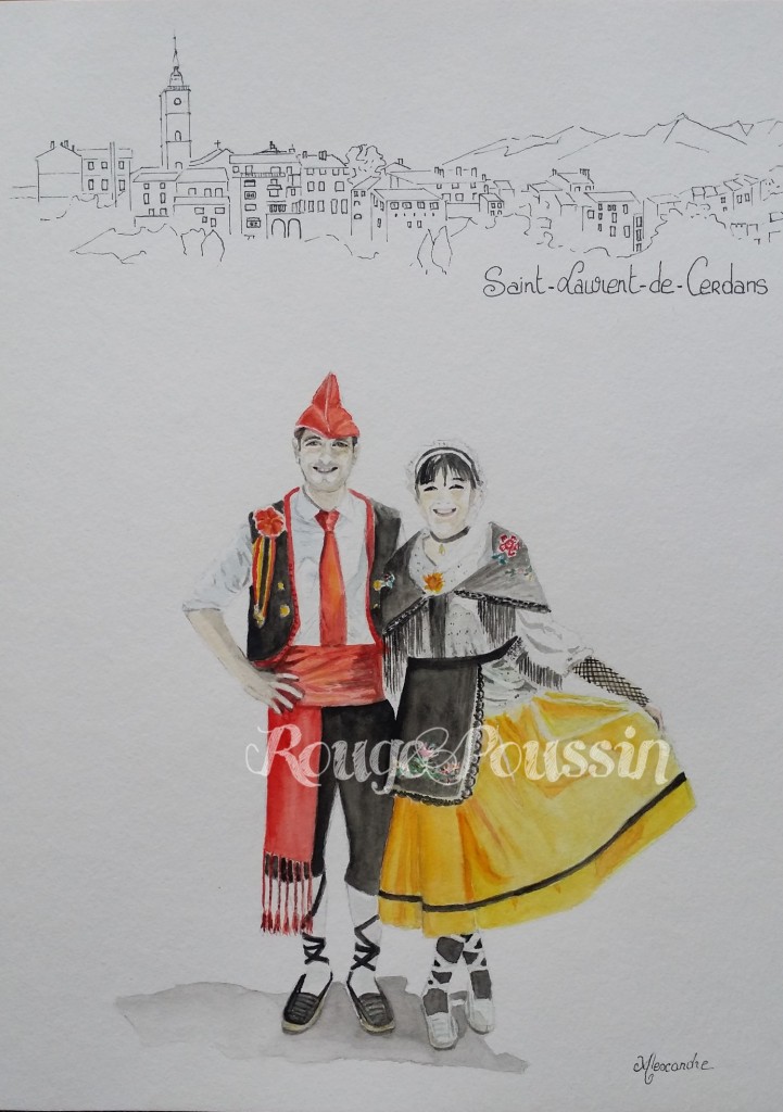 Aquarelle représentant des danseurs catalans de Saint-Laurent-de-Cerdans