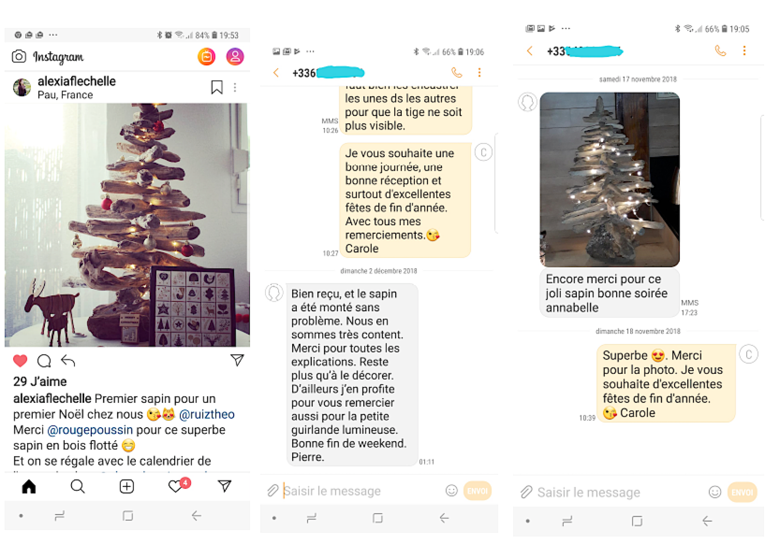 Messages et photos des sapins de noël en bois flotté que les personnes ont acheté chez Rouge Poussin