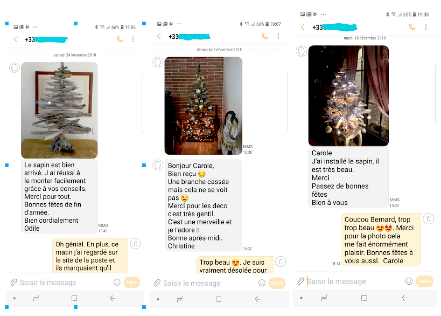 Messages de clients très satisfaits par leur achat de sapin en bois flotté