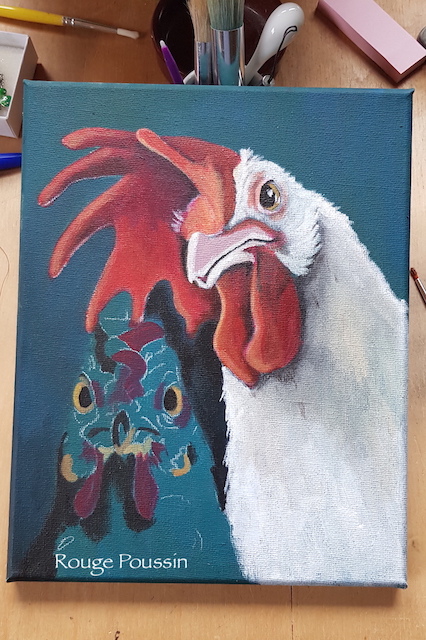 Réalisation en cours d'un tableau représentant le portrait d'une poule et d'un coq. La série s'intitule "Viens ma poule, on se casse".