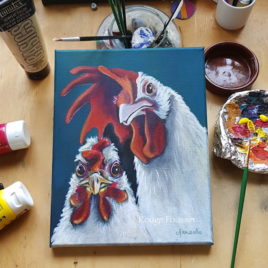 Portrait d'une poule et son coq à l'acrylique