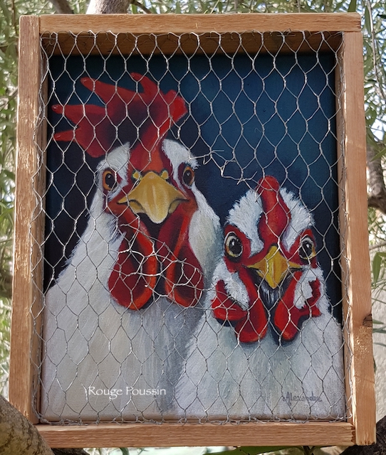 Tableau d'une poule et d'un coq avec un encadrement grillagé et légèrement ouvert.