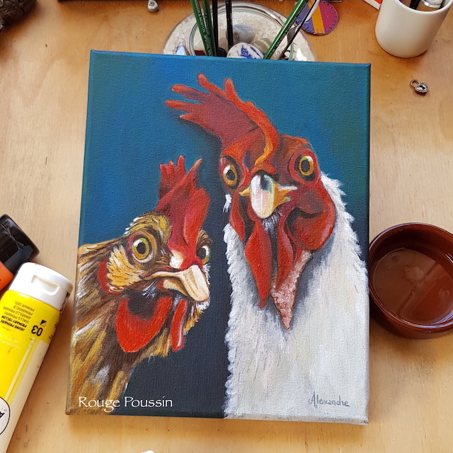 Peinture à l'acrylique de Carole Alexandre, représentant le selfie de deux coqs.