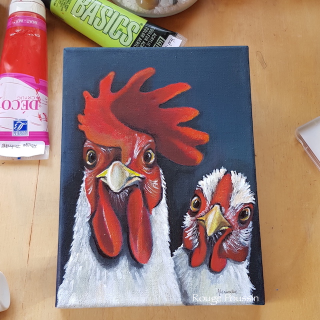 Peinture à l'acrylique d'une poule et d'un coq. Le troisième de la série intitulée : "Viens ma poule, on se casse"! réalisée par l'artiste peintre Carole Alexandre en juillet 2019.